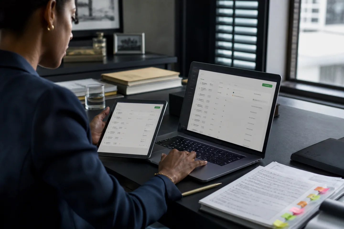 A legal professional reviewing a digital workflow on a laptop and tablet.