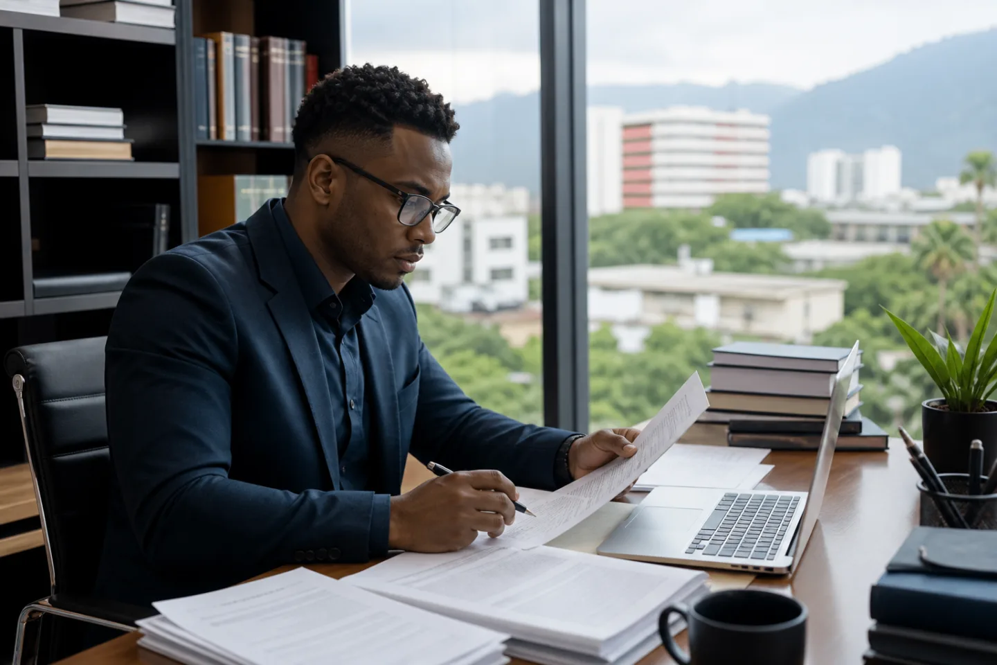 A legal researcher cross-checking printed material while drafting at a laptop.