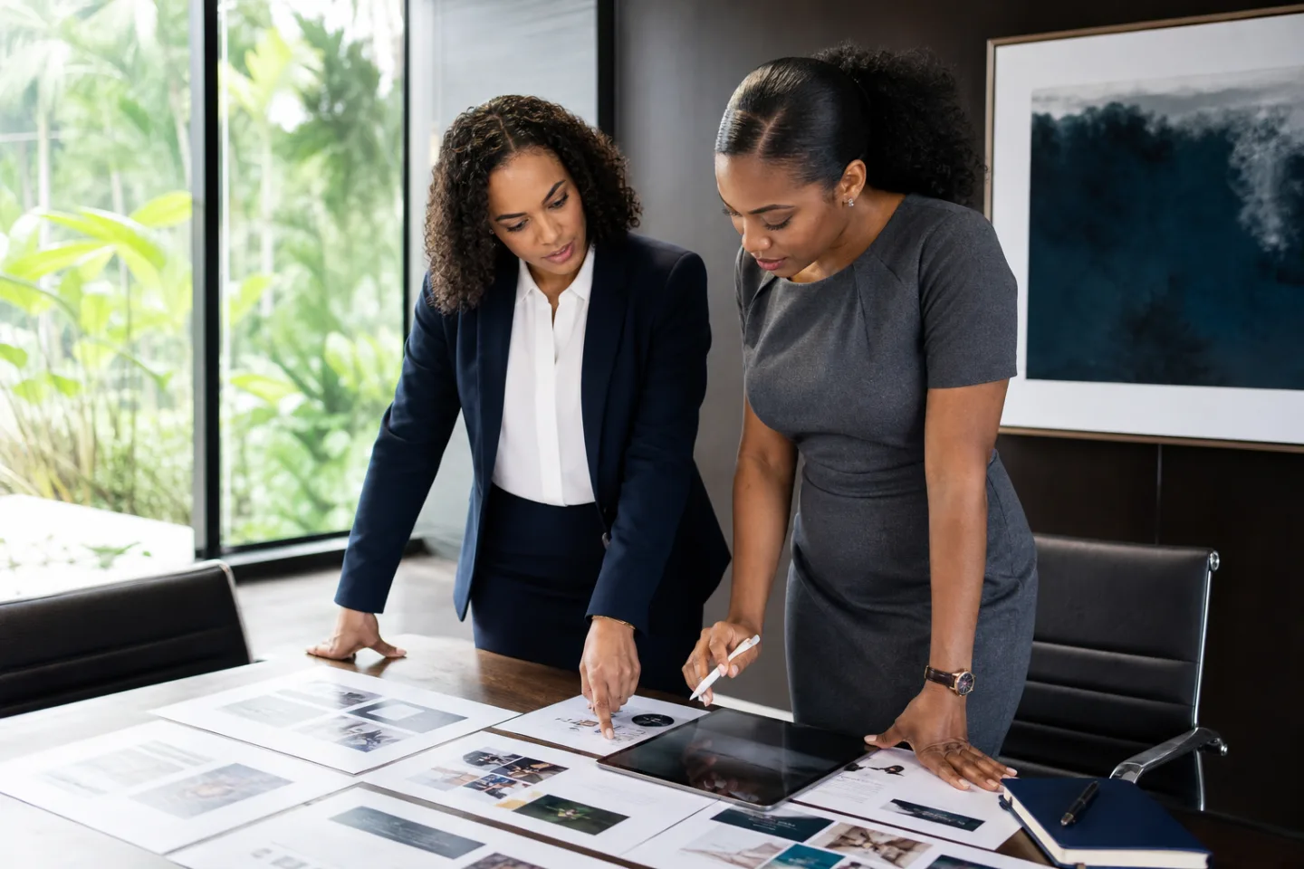 An attorney and communications strategist reviewing professional content together.